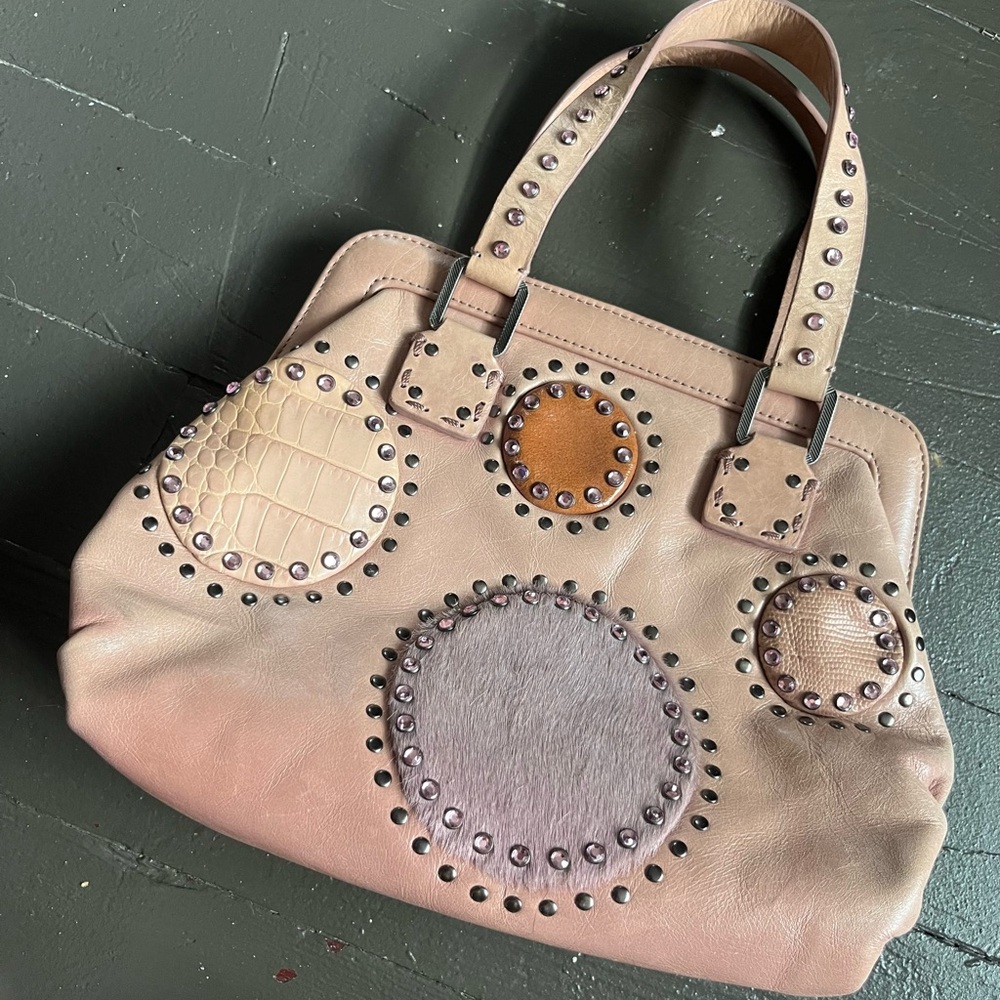Vintage Chic Studded Tan and Brown Leather Shoulder Bag